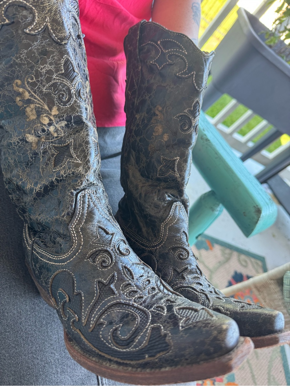 Corral C1198 Black Lizard Inlay Distressed Western Cowboy Boots 7M
